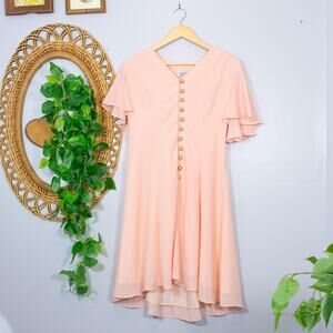 Peach Flutter Sleeve Button Front Midi Dress Romantic 80s Vtg | Light Spring